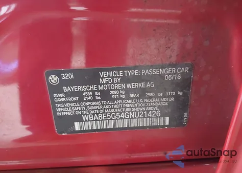 2016 BMW 320I xDrive from USA, damaged, VIN WBA8E5G54GNU21426
